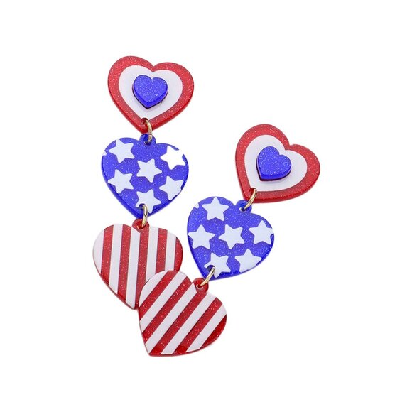 Tigerstars Glittering Resin American USA Flag Triple Heart  Dangle Earrings - Picture 1 of 1